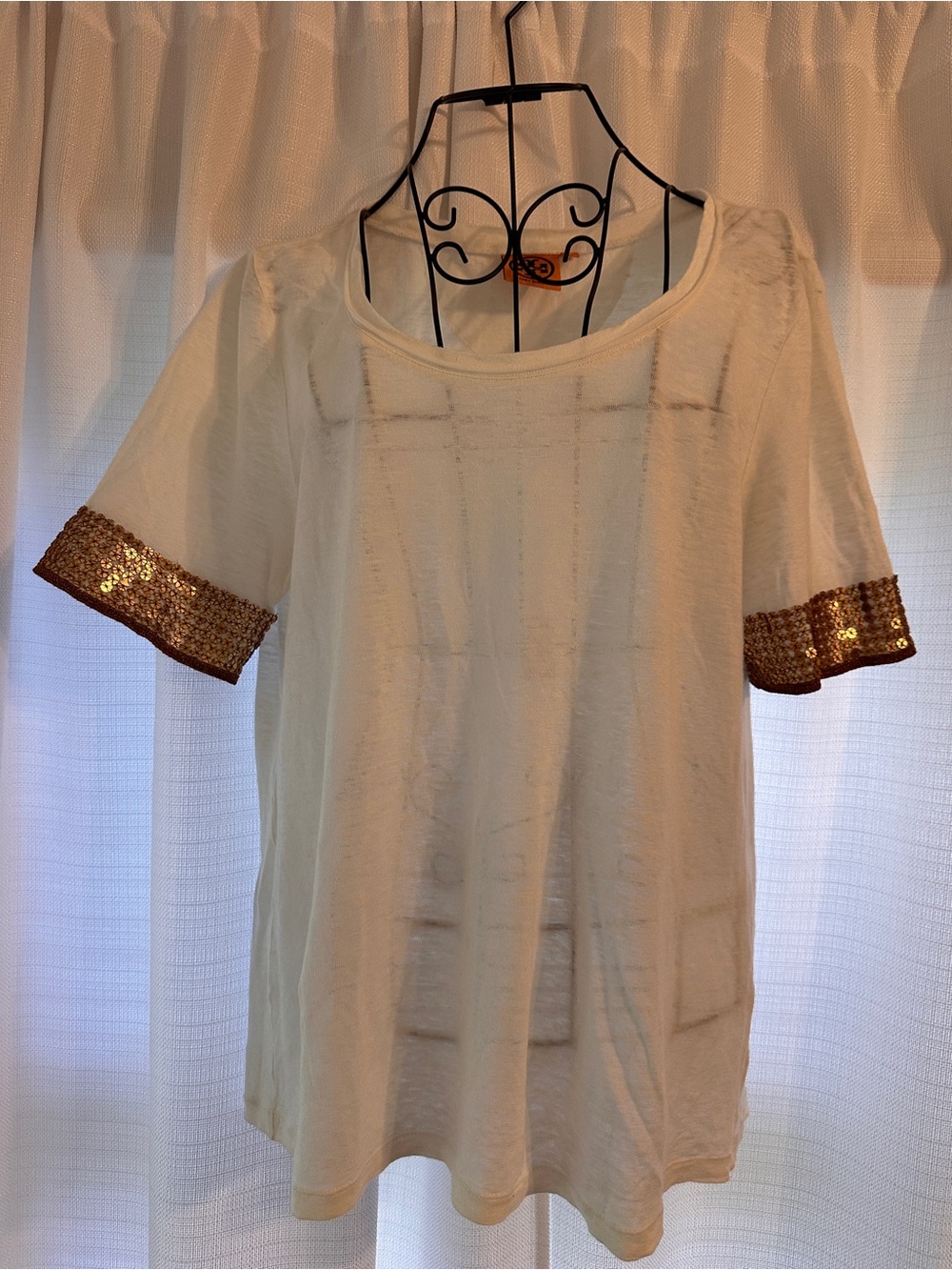 Tory Burch Linen Cream Short-Sleeve Tee with Gold Sequin Cuffs